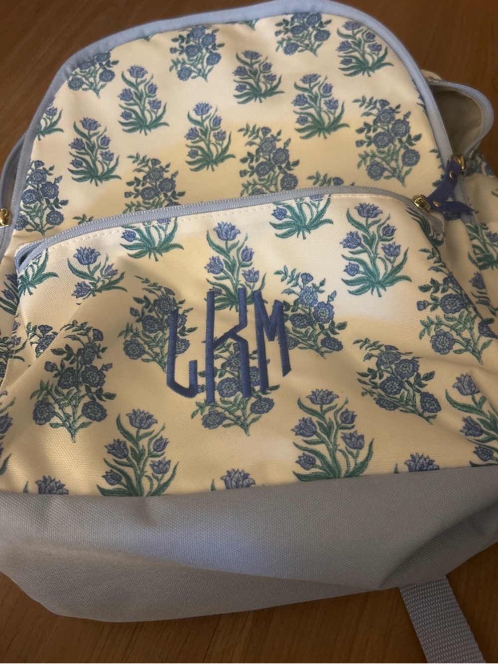 Roller Rabbit Cream Backpack with Blue Floral Print and Blue Monogram
